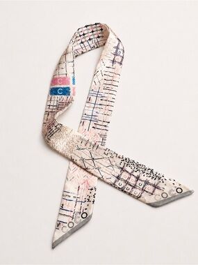 Designer Inspired Silk Twilly Scarf Ivory Blush Blue Hair Tie Bag Wrap